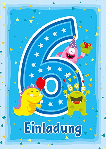 12 Einladungskarten zum 6. Kindergeburtstag Blau – Lustige Monster Einladungen zum sechsten Geburtstag, Bunte Karten für Jungen und Mädchen, Kindergeburtstagskarten Set von JuNa-Experten