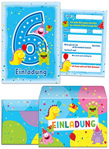 12 Einladungskarten zum 6. Kindergeburtstag blau incl. 12 Umschläge/sechsten Geburtstag/bunte Karten zum Geburtstag für Mädchen und Jungen "lustige Monster" von JuNa-Experten