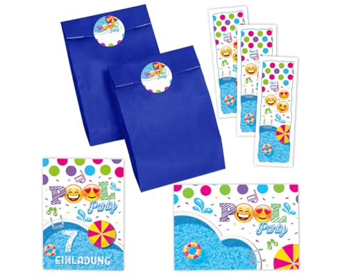 12 Einladungskarten zum 7. Kindergeburtstag Schwimmbad Jungen Mädchen Einladung siebte Geburtstag incl. 12 Umschläge, 12 Partytüten/blau, 12 Aufkleber, 12 Lesezeichen von JuNa-Experten