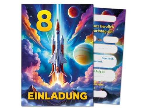 12 Einladungskarten zum 8. Kindergeburtstag Jungen Jungs Mädchen Rakete coole bunte Einladungen achte Geburtstag Kinder Jungsgeburtstag Space Kinderparty Geburtstagseinladungen von JuNa-Experten