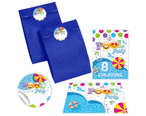 12 Einladungskarten zum 8. Kindergeburtstag Schwimmbad Schwimmen Jungen Mädchen Einladung achte Geburtstag incl. 12 Umschläge, 12 Partytüten/blau, 12 Aufkleber 12 Einladungskarten zum 8. Kindergeburtstag Schwimmbad Schwimmen Jungen Mädchen Einladung achte Geburtstag incl. 12 Umschläge, 12 Partytüten/blau, 12 Aufkleber von JuNa-Experten