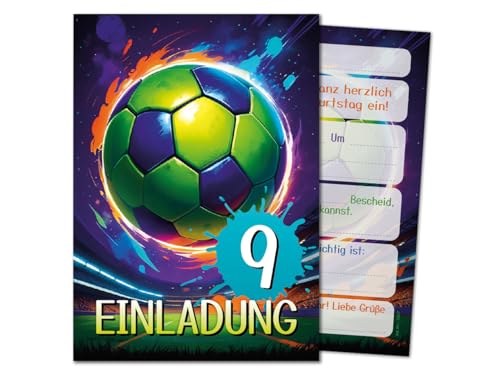 12 Einladungskarten zum 9. Kindergeburtstag Jungen Jungs Mädchen Fussball Fußball coole bunte Einladungen neunte Geburtstag Kinder Jungsgeburtstag Soccer Kinderparty Teens Geburtstagseinladungen von JuNa-Experten