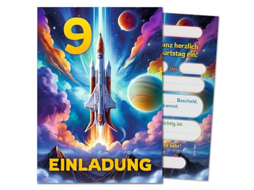 12 Einladungskarten zum 9. Kindergeburtstag Jungen Jungs Mädchen Rakete coole bunte Einladungen neunte Geburtstag Kinder Jungsgeburtstag Space Kinderparty Geburtstagseinladungen von JuNa-Experten