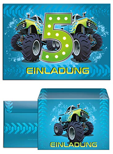 6 Einladungskarten incl. 6 Umschläge 5. Geburtstag Kinder Junge Monstertruck blau/Monster-Truck/Auto/Einladungen fünfte Kindergeburtstag für Jungen von JuNa-Experten