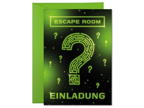 6 Einladungskarten incl. 6 Umschläge Kindergeburtstag Escape Room Party Mädchen Jungen Jungs coole Einladungen Geburtstag Kinder Jungsgeburtstag Mädchengeburtstag Detektiv Geburtstagseinladungen grün von JuNa-Experten