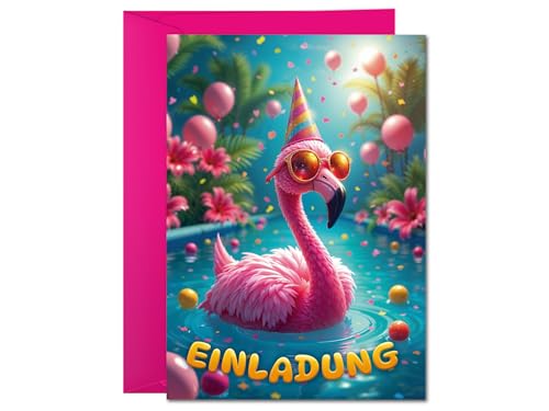 6 Einladungskarten inkl. 6 Umschläge Kindergeburtstag Mädchen Flamingo Schwimmbad Pool-Party Einladungen Geburtstag Kinder Mädchengeburtstag Kinderparty Geburtstagseinladungen Sommer-Party von JuNa-Experten