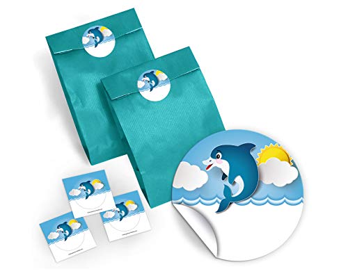 6 Geschenktüten/blau + 6 Aufkleber Delfin für Mitgebsel Gastgeschenk beim Kindergeburtstag Mädchen Jungen von JuNa-Experten