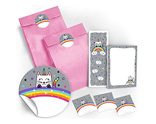 6 Lesezeichen + 6 Mini-Notizblöcke + 6 Geschenktüten/hellrosa + 6 Aufkleber Einhorn Katze Mitgebsel Gastgeschenk beim Kindergeburtstag Mädchen von JuNa-Experten