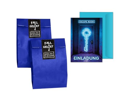 8 Einladungskarten Kindergeburtstag Escape Room Party Jungen Mädchen Jungs coole Einladungen Kinder Geburtstag Detektiv Geburtstagseinladungen inkl. 8 Umschläge, 8 Tüten/blau, 8 Aufkleber von JuNa-Experten