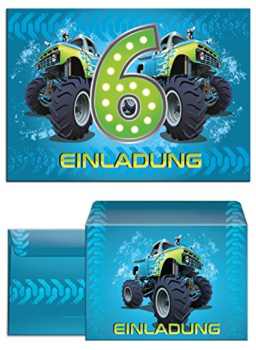 8 Einladungskarten incl. 8 Umschläge zum 6. Kindergeburtstag Monstertruck blau/Monster-Truck/Auto/Einladungen zum Geburtstag für Jungen von JuNa-Experten