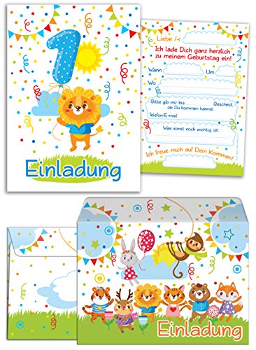 8 Einladungskarten zum 1. Kindergeburtstag für Jungen/bunte Einladungen zum Geburtstag für Jungen "Süße Tierchen/Süßer Löwe" (8 Karten + 8 Umschläge) von JuNa-Experten