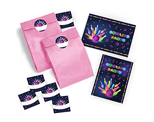 8 Einladungskarten zum Kindergeburtstag "Bowling" für Mädchen und Jungen/Erwachsene incl. 8 Umschläge, 8 Tüten/rosa, 8 Aufkleber/bunte Einladungen zum Geburtstag/Geburtstagseinladungen von JuNa-Experten