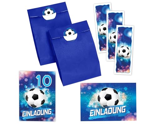 JuNa-Experten 10 Einladungskarten zum 10. Kindergeburtstag Jungen Fußball Fussball Einladungen zehnte Geburtstag incl. 10 Umschläge, 10 Partytüten/blau, 10 Aufkleber, 10 Lesezeichen von JuNa-Experten