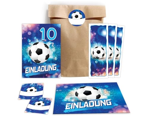 JuNa-Experten 10 Einladungskarten zum 10. Kindergeburtstag Jungen Fußball Fussball Einladungen zehnte Geburtstag incl. 10 Umschläge, 10 Partytüten/natur, 10 Aufkleber, 10 Lesezeichen von JuNa-Experten