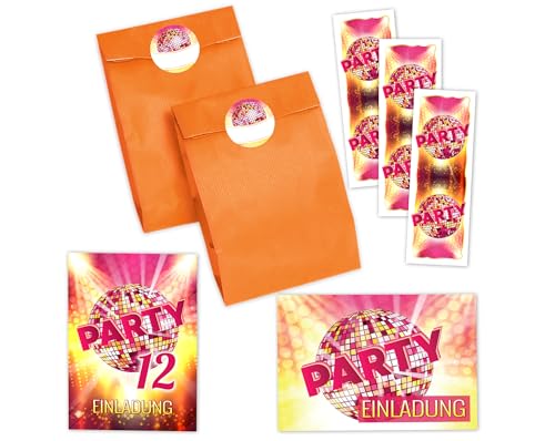 JuNa-Experten 10 Einladungskarten zum 12. Kindergeburtstag Mädchen Disco VIP Einladung zwölfte Geburtstag incl. 10 Umschläge, 10 Partytüten/orange, 10 Aufkleber, 10 Lesezeichen von JuNa-Experten