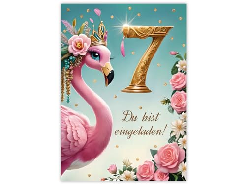 JuNa-Experten 10 Einladungskarten zum 7. Kindergeburtstag Mädchen Flamingo coole bunte Einladungen siebte Geburtstag Mädchengeburtstag von JuNa-Experten