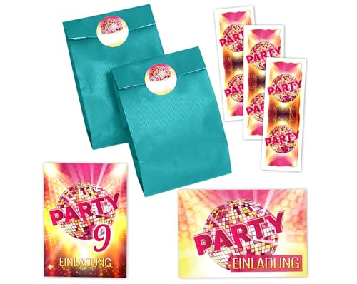 JuNa-Experten 10 Einladungskarten zum 9. Kindergeburtstag Mädchen Disco VIP Einladung neunte Geburtstag incl. 10 Umschläge, 10 Partytüten/petrol, 10 Aufkleber, 10 Lesezeichen von JuNa-Experten