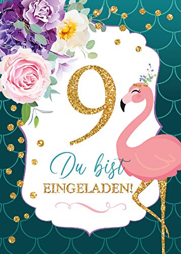 JuNa-Experten 10 Einladungskarten zum 9. Kindergeburtstag Mädchen Flamingo Einladungen zum neunten Geburtstag von JuNa-Experten