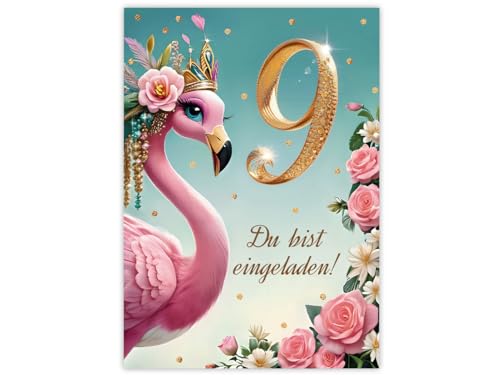 JuNa-Experten 10 Einladungskarten zum 9. Kindergeburtstag Mädchen Flamingo coole bunte Einladungen neunte Geburtstag Mädchengeburtstag von JuNa-Experten