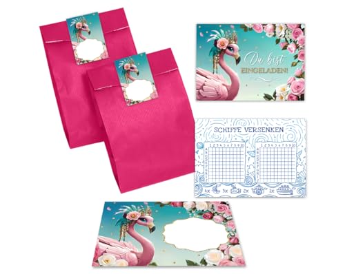 JuNa-Experten 10 Einladungskarten zum Kindergeburtstag Mädchen Flamingo coole bunte Einladungen zum Geburtstag Mädchengeburtstag incl. 10 Umschläge, 10 Tüten/pink, 10 Aufkleber, 10 Schiffe versenken von JuNa-Experten