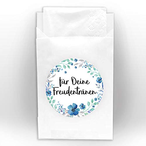 JuNa-Experten 100 Aufkleber für Freudentränen + 100 Tüten/weiß für Hochzeit, Taufe/Aufkleber für Taschentuchtüten/romantische Sticker für Geschenkverpüackung Taschentuchverpackung von JuNa-Experten