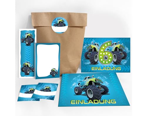 JuNa-Experten 12 Einladungskarten 6. Geburtstag Kinder Junge Jungs Monster-Truck Auto incl. 12 Umschläge, 12 Tüten/natur, 12 Aufkleber, 12 Lesezeichen, 12 Notizblöcke von JuNa-Experten