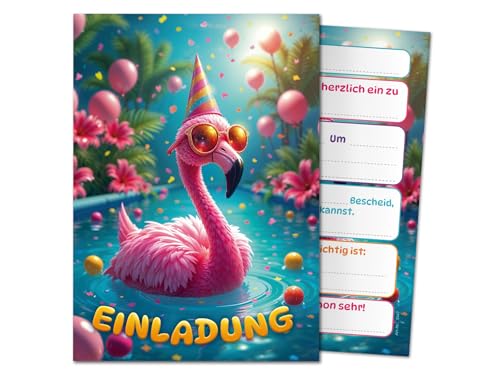 JuNa-Experten 12 Einladungskarten Kindergeburtstag Mädchen Flamingo Schwimmbad Pool-Party Einladungen Geburtstag Kinder Mädchengeburtstag Kinderparty Geburtstagseinladungen Sommer-Party Outdoor-Party von JuNa-Experten