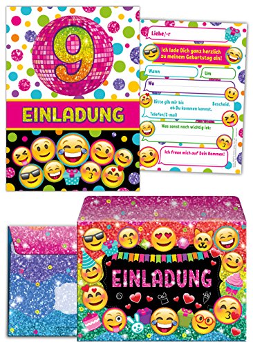 JuNa-Experten 12 Einladungskarten incl. 12 Umschläge zum 9. Kindergeburtstag für Mädchen/Einladung neunte Geburtstag/Einladungen zum Geburtstag/Kartenset für Kindergeburtstag/glitzer von JuNa-Experten