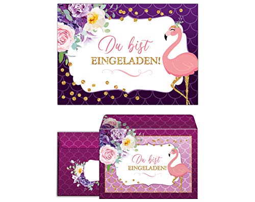 JuNa-Experten 12 Einladungskarten incl. 12 Umschläge zum Kindergeburtstag Mädchen Flamingo lila Einladungen zum Geburtstag von JuNa-Experten