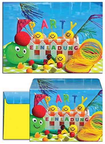 JuNa-Experten 12 Einladungskarten incl. 12 Umschläge zum Kindergeburtstag Schwimmbad Party für Mädchen und Jungen/Pool Party/bunte Einladungen zum Geburtstag (12 Karten + 12 Umschläge) von JuNa-Experten