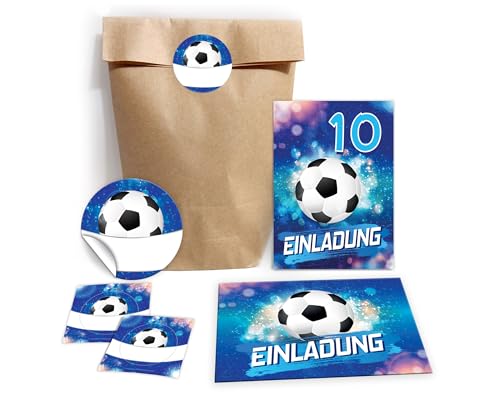 JuNa-Experten 12 Einladungskarten zum 10. Kindergeburtstag Jungen Fußball Fussball Einladungen zehnte Geburtstag incl. 12 Umschläge, 12 Partytüten/natur, 12 Aufkleber von JuNa-Experten