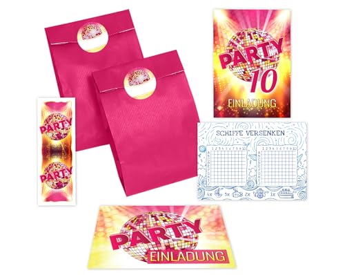 JuNa-Experten 12 Einladungskarten zum 10. Kindergeburtstag Mädchen Disco VIP Einladung zehnte Geburtstag incl. 12 Umschläge, 12 Tüten/pink, 12 Aufkleber, 12 Lesezeichen, 12 Schiffe versenken von JuNa-Experten