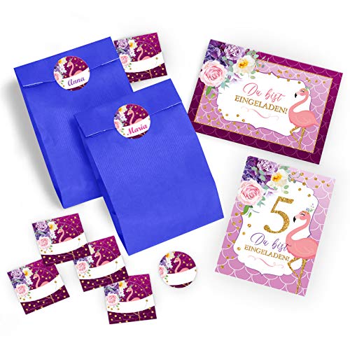 JuNa-Experten 12 Einladungskarten zum 5. Kindergeburtstag Mädchen Flamingo Einladungen zum fünften Geburtstag incl. 12 Umschläge, 12 Tüten/dunkelblau, 12 Aufkleber von JuNa-Experten