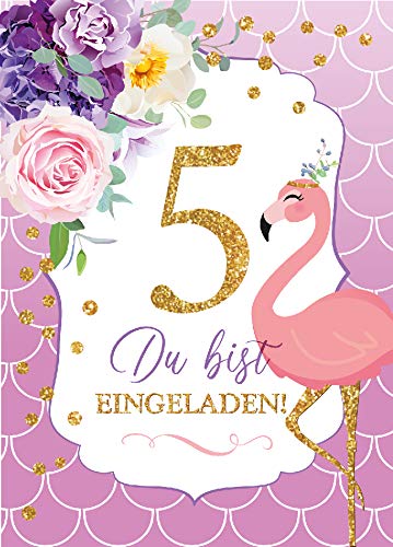 JuNa-Experten 12 Einladungskarten zum 5. Kindergeburtstag Mädchen Flamingo Einladungen zum fünften Geburtstag von JuNa-Experten