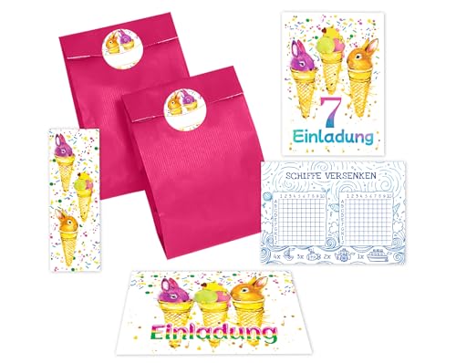 JuNa-Experten 12 Einladungskarten zum 7. Kindergeburtstag Mädchen Jungen Kaninchen Einladung siebte Geburtstag incl. 12 Umschläge, 12 Tüten/pink, 12 Aufkleber, 12 Lesezeichen, 12 Schiffe versenken von JuNa-Experten