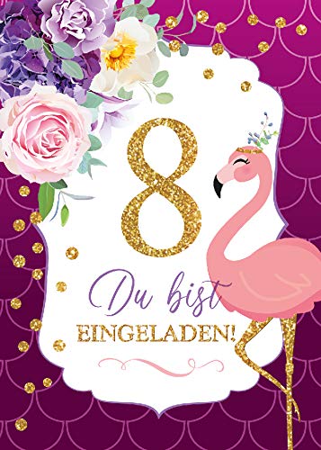 JuNa-Experten 12 Einladungskarten zum 8. Kindergeburtstag Mädchen Flamingo Einladungen zum achten Geburtstag von JuNa-Experten