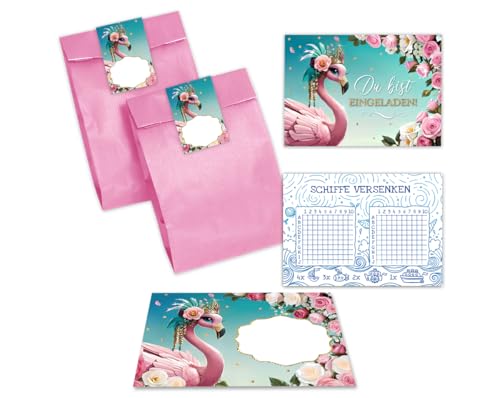 JuNa-Experten 12 Einladungskarten zum Kindergeburtstag Mädchen Flamingo coole bunte Einladungen zum Geburtstag Mädchengeburtstag incl. 12 Umschläge, 12 Tüten/rosa, 12 Aufkleber, 12 Schiffe versenken von JuNa-Experten