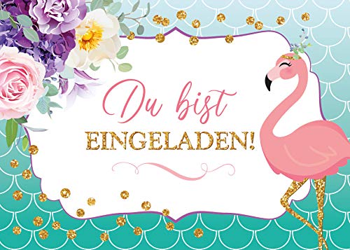 JuNa-Experten 12 Einladungskarten zum Kindergeburtstag Mädchen Flamingo grün Einladungen zum Geburtstag von JuNa-Experten