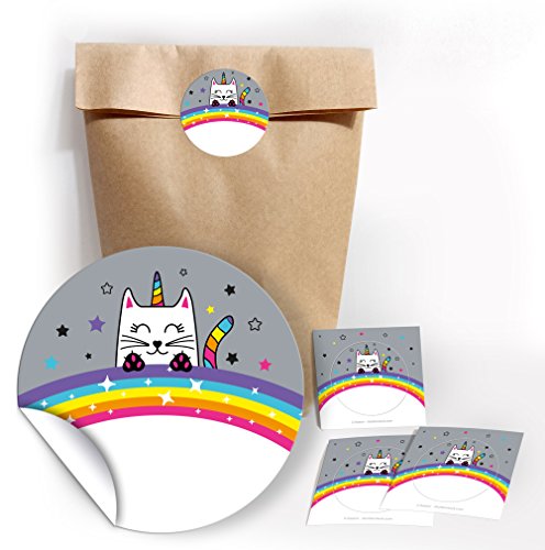 JuNa-Experten 12 Geschenktüten/Natur + 12 Aufkleber Katze-Einhorn für Geschenke Mitgebseln beim Kindergeburtstag/Papierbeutel für Gastgeschenk mit Sticker von JuNa-Experten