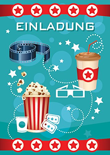 JuNa-Experten 6 Einladungskarten Kindergeburtstag Mädchen Jungen Kino Jungs Geburtstagseinladungen Einladungen Geburtstags Party Kartenset blau von JuNa-Experten