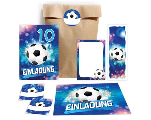 JuNa-Experten 6 Einladungskarten zum 10. Kindergeburtstag Jungen Fußball Fussball Einladungen zehnte Geburtstag incl. 6 Umschläge, 6 Partytüten/natur, 6 Aufkleber, 6 Lesezeichen, 6 Mini-Notizblöcke von JuNa-Experten