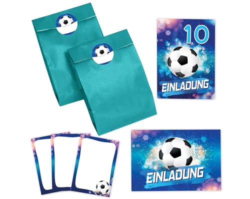 JuNa-Experten 6 Einladungskarten zum 10. Kindergeburtstag Jungen Fußball Fussball Einladungen zehnte Geburtstag incl. 6 Umschläge, 6 Partytüten/petrol, 6 Aufkleber, 6 Mini-Notizblöcke von JuNa-Experten