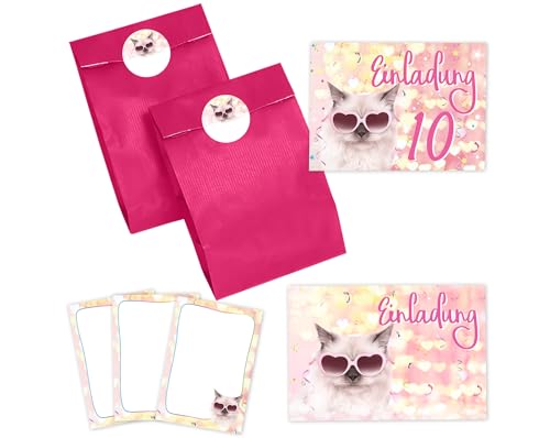 JuNa-Experten 6 Einladungskarten zum 10. Kindergeburtstag Mädchen Katze Tiere Einladung zehnte Geburtstag incl. 6 Umschläge, 6 Partytüten/pink, 6 Aufkleber, 6 Mini-Notizblöcke von JuNa-Experten