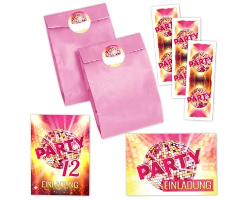 JuNa-Experten 6 Einladungskarten zum 12. Kindergeburtstag Mädchen Disco VIP Einladung zwölfte Geburtstag incl. 6 Umschläge, 6 Partytüten/rosa, 6 Aufkleber, 6 Lesezeichen von JuNa-Experten