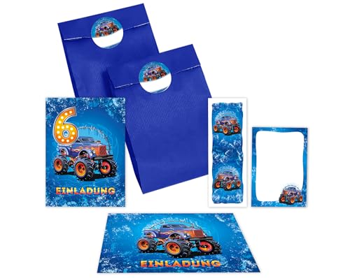 JuNa-Experten 6 Einladungskarten zum 6. Kindergeburtstag Jungen Auto Monster-Truck Einladungen sechste Geburtstag incl. 6 Umschläge, 6 Partytüten/blau, 6 Aufkleber, 6 Lesezeichen, 6 Mini-Notizblöcke von JuNa-Experten