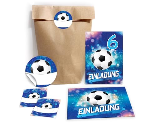 JuNa-Experten 6 Einladungskarten zum 6. Kindergeburtstag Jungen Fußball Fussball Einladungen sechste Geburtstag incl. 6 Umschläge, 6 Partytüten/natur, 6 Aufkleber von JuNa-Experten