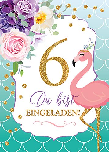 JuNa-Experten 6 Einladungskarten zum 6. Kindergeburtstag Mädchen Flamingo Einladungen zum sechsten Geburtstag von JuNa-Experten