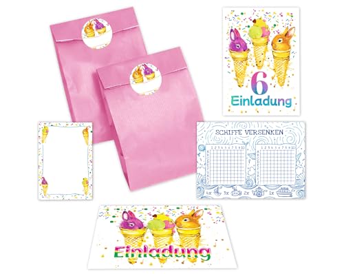 JuNa-Experten 6 Einladungskarten zum 6. Kindergeburtstag Mädchen Jungen Kaninchen Einladung sechste Geburtstag incl. 6 Umschläge, 6 Tüten/rosa, 6 Aufkleber, 6 Blöcke, 6 Schiffe versenken von JuNa-Experten