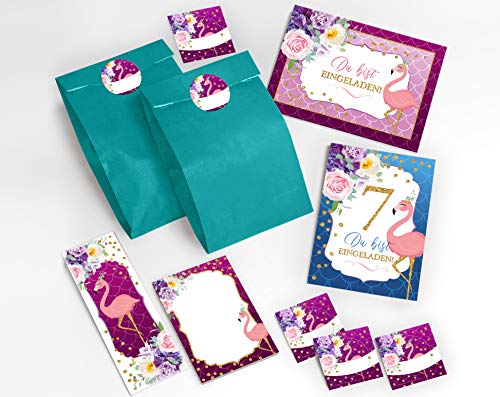 JuNa-Experten 6 Einladungskarten zum 7. Kindergeburtstag Mädchen Flamingo Einladungen zum siebten Geburtstag incl. 6 Umschläge, 6 Tüten/blau, 6 Aufkleber, 6 Lesezeichen, 6 Blöcke von JuNa-Experten