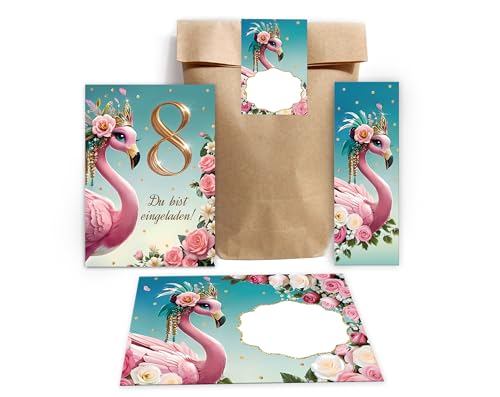 JuNa-Experten 6 Einladungskarten zum 8. Kindergeburtstag Mädchen Flamingo coole bunte Einladungen achte Geburtstag Mädchengeburtstag incl. 6 Umschläge, 6 Partytüten/natur, 6 Aufkleber, 6 Lesezeichen von JuNa-Experten